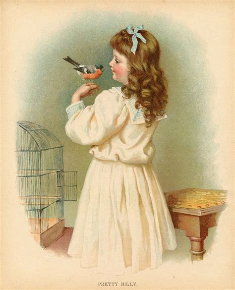 Victorian Girl Holding Beloved Pet Bird Animals Litho Antique Print