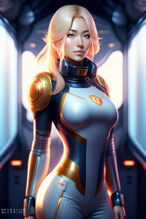 lexica realistic sci fi anime female with blonde hair in a space station full body pose