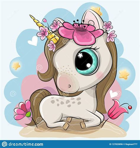 Cartoon Unicorn With Flowers On A Blue Background Stock Vector