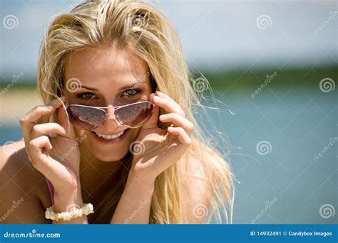 Blond Woman With Sunglasses Enjoy Sunny Day Stock Image Image Of Seashore Cheerful 14932491