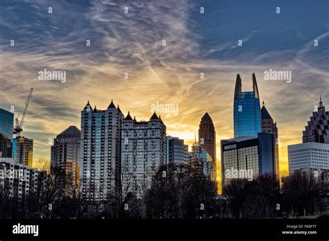 Downtown Atlanta Sunset With Buildings In The Foreground Stock Photo