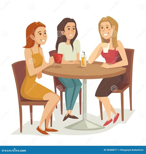 Three Women Drinking Coffee And Tea At The Restaurant Or Cafe Cartoon