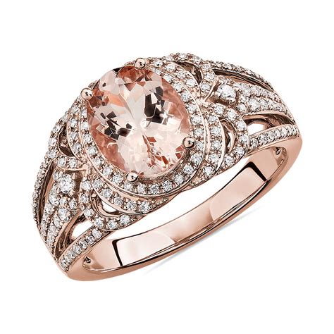Oval Morganite Ring With Ornate Diamond Halo In 14k Rose Gold Blue