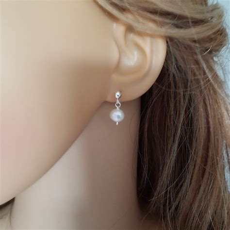 Tiny Freshwater Pearl Drop Earrings Sterling Silver Stud Small Pearl