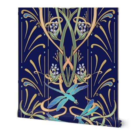 Art Nouveau Dragonflies Wallpaper Navy Wallpaper Spoonflower