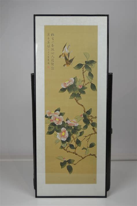 Vintage Framed Japanese Handmade Paintings On Silk With Birds And