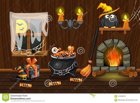 Cellar House Illustration Interior Wooden Room With Halloween Symbols