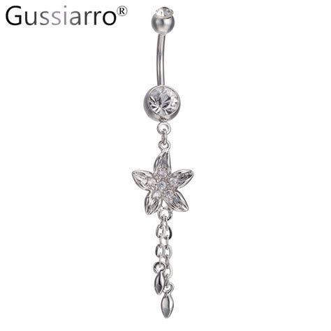 dangle flower white gold color jewelry belly chain button rings piercing clear cubic zirconia