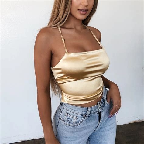 Summer Sexy Female Crop Tops Simulation Silk Women Sleeveless Straps Tank Top Solid Fitness Lady