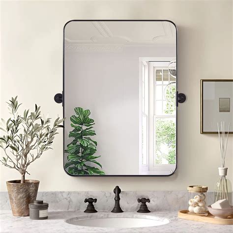 Moon Mirror 24x36 Matte Black Stainless Steel Framed Pivot Rectangle Bathroom Mirror For Wall