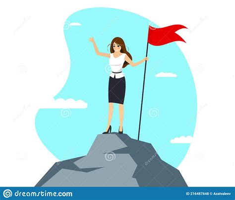 Successful Businesswoman With Red Flag On Mountain Peak Business Woman
