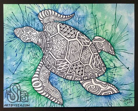 Original Watercolor Ink Zentangle Turtle Painting