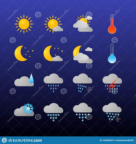 Weather Icons Set Flat Vector Symbols On Dark Background Stock Vector