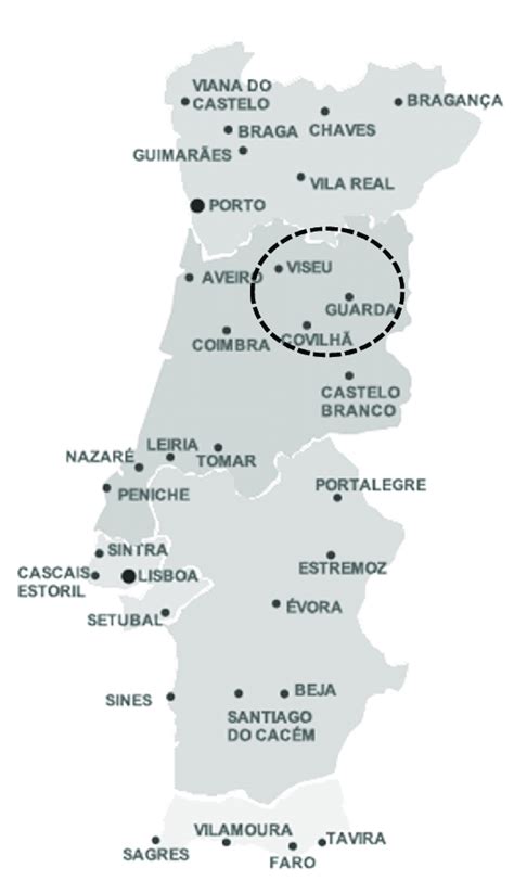 Map Of Portugal Showing The Location Of Viseu And Covilhã Download