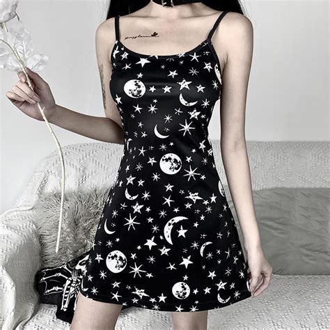 Rosetic Star Moon Print Black Gothic Strap Dress Mini Sexy Backless