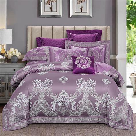 Purple Silk Satin Luxury Royal Bedding Sets Queen King Size Cotton Bed