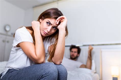 Frustrated Sad Girlfriend Sit On Bed Think Of Relationship Problems Thoughtful Couple After