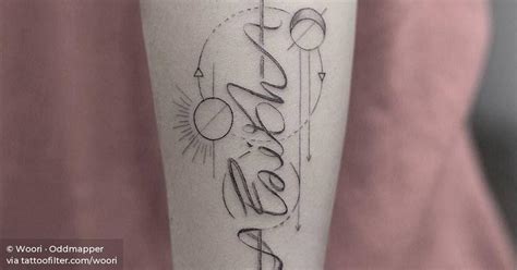 Fine Line Style Faith Arrow Tattoo On The Left
