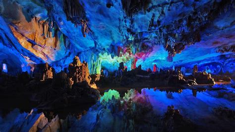 Colofrul Neon Lights In Reed Flute Cave China Wallpaper Backiee