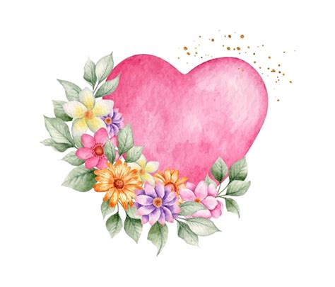 Aquarellrosa Herz Mit Blumen Premium Vektor