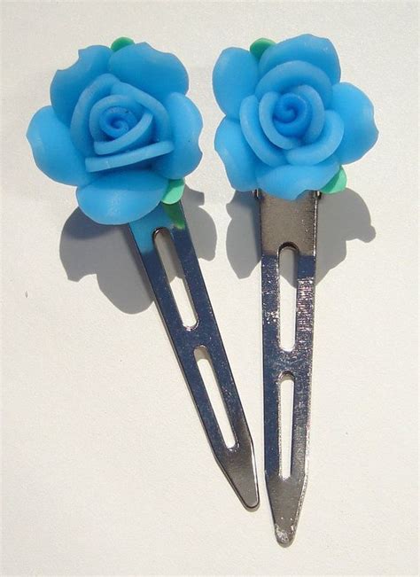 set of 2 hair clips with blue polymer clay flower by ziporgiabella 5 50 polymer clay flowers