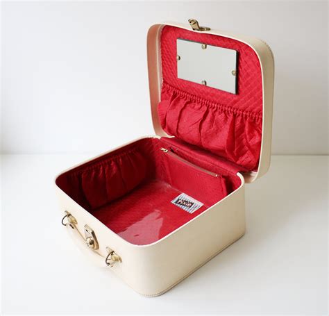 1960s Cream Overnight Vanity Case With Red Satin Lining By Pixie Suitcases Cabin Bag Makeup