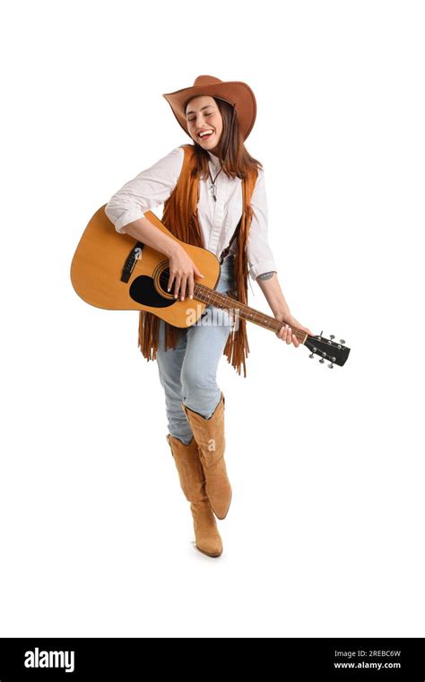 Beautiful Cowgirl Playing Guitar On White Background Stock Photo Alamy