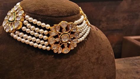 Gold Pearl Choker With Uncut Diamonds South India Jewels Choker