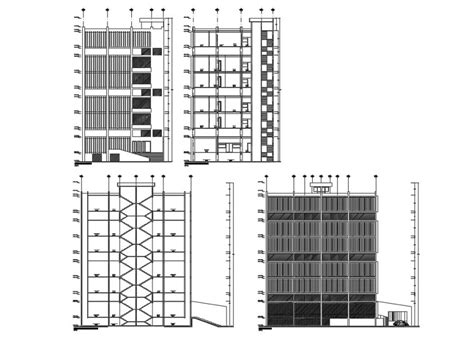 Facade And Back Elevation And Section Details Of Corporate Building Dwg