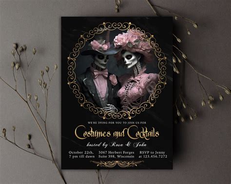 Halloween Invitation Editable Template Glamorous Skeletons Etsy