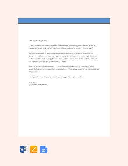 Have a look on our free professional email templates and samples! FREE 27+ Resignation Email Examples in DOC | Google Docs | Apple Pages | Examples