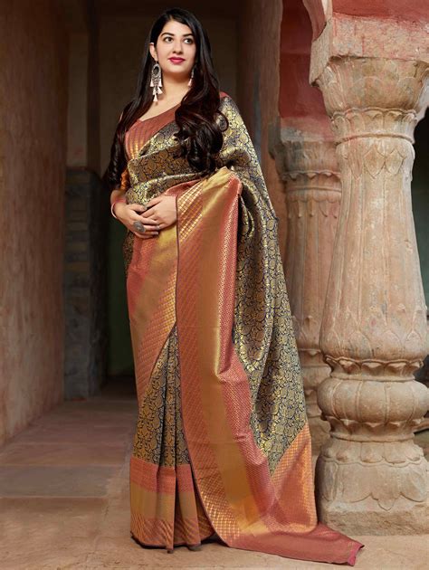 navy blue banarasi silk traditional all over weaving saree with golden highlights in 2020
