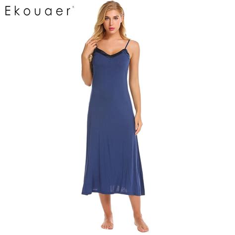 Ekouaer Nightgown Women Sleepwear Sexy Nightdress Casual V Neck Solid Spaghetti Straps Summer