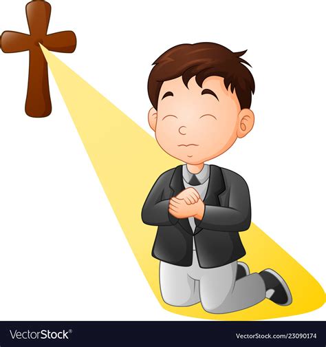 Cartoon Little Boy Kneeling While Praying Vector Image