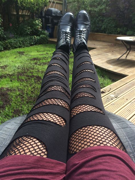 DIY Fishnet Tights Underneath Ripped Black Leggings Punk Rocker