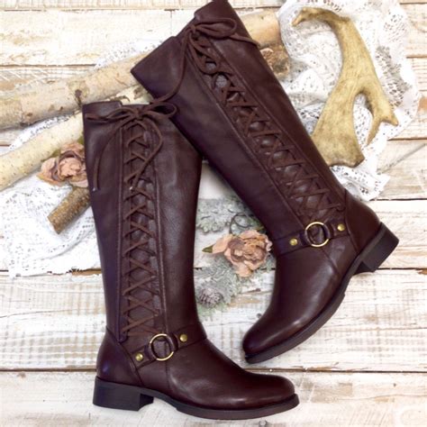 Brown Leather Look Side Lace Up Boot Women Tall Boots Boots Lacing Winter Boots Cute Boots