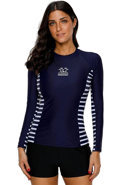 Womens Rashguard Swimwear Stripe Athletic Sun Protection Shirt Upf 50