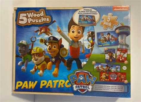 Paw Patrol Nickelodeon 5 Pack Wood Puzzles W Storage Box New Ships