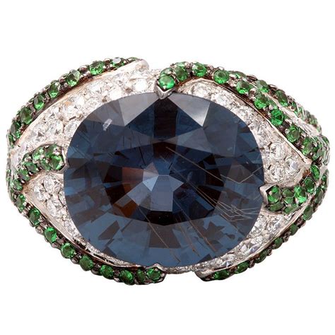 Blue Spinel Tsavorite Diamond Ring Unique Design