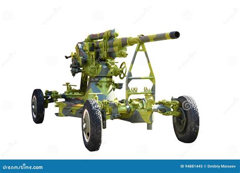 Gun Anti Aircraft Gun On Wheels Isolated On White Background Stock