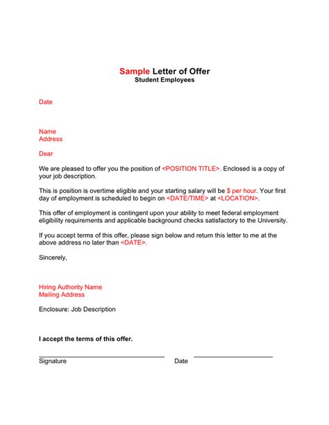 Sample Letter Of Offer For Student Employees In Word And Pdf Formats