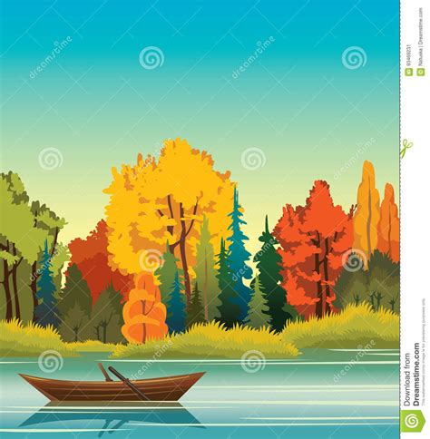 Autumn Landscape With Boat, Lake And Forest. Stock Vector ...