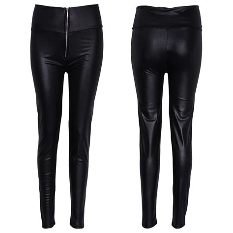 Women High Waisted Zipper Pencil Pants Black Faux Leather Legging With