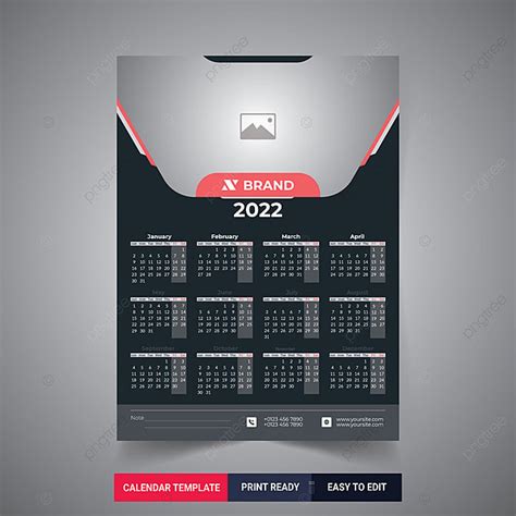 Print Ready Wall Calendar 2022 Design Modern One Page Vector Template