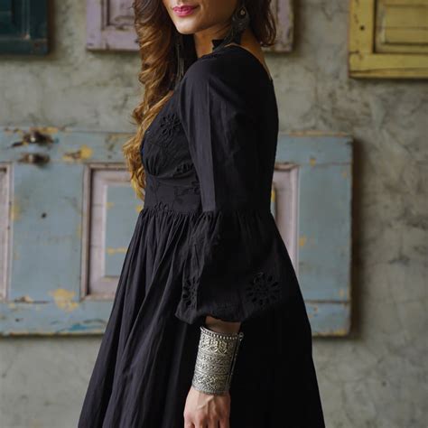 Buy Bunai Black Schiffli Long Cotton Maxi Dress For Women Online