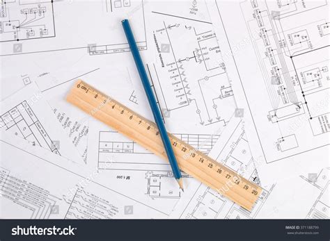 Electrical Engineering Drawings Printing Pencil Ruler Stock Photo