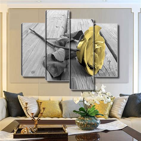 Led wall art wood mountain. 4Pcs Yellow Rose Canvas Wall Art Painting Picture Wall ...