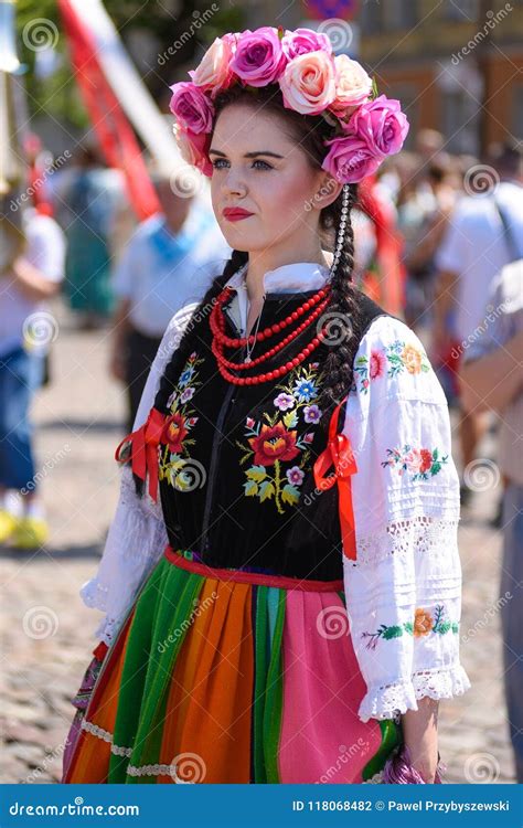 Lowicz Poland May 312018 Portrait Of A Woman Dressed In A Colorful Folklore Regional