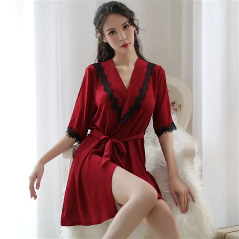 2019 New Black Red Silk Robes For Women Sexy Lingerie Robe Lace Bathrobe Kimono Womens Robes