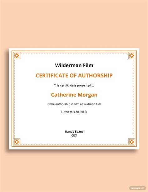 Certificate Of Authorship Film Template In Word Pages Publisher